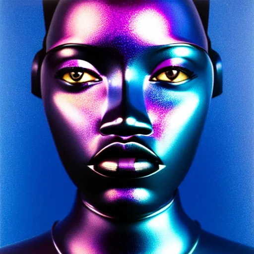 Image similar to portrait of metallic robot face, african woman, iridescent colors, smooth reflections, proud looking away, outdoor, blue sky, 8 k, realistic, depth of field, highly detailed, award winning photography, by richard mosse