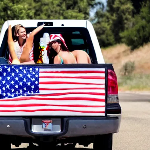 Prompt: photo of woman in the back of a pickup truck wearing bikinis drinking beer waving the american flag.