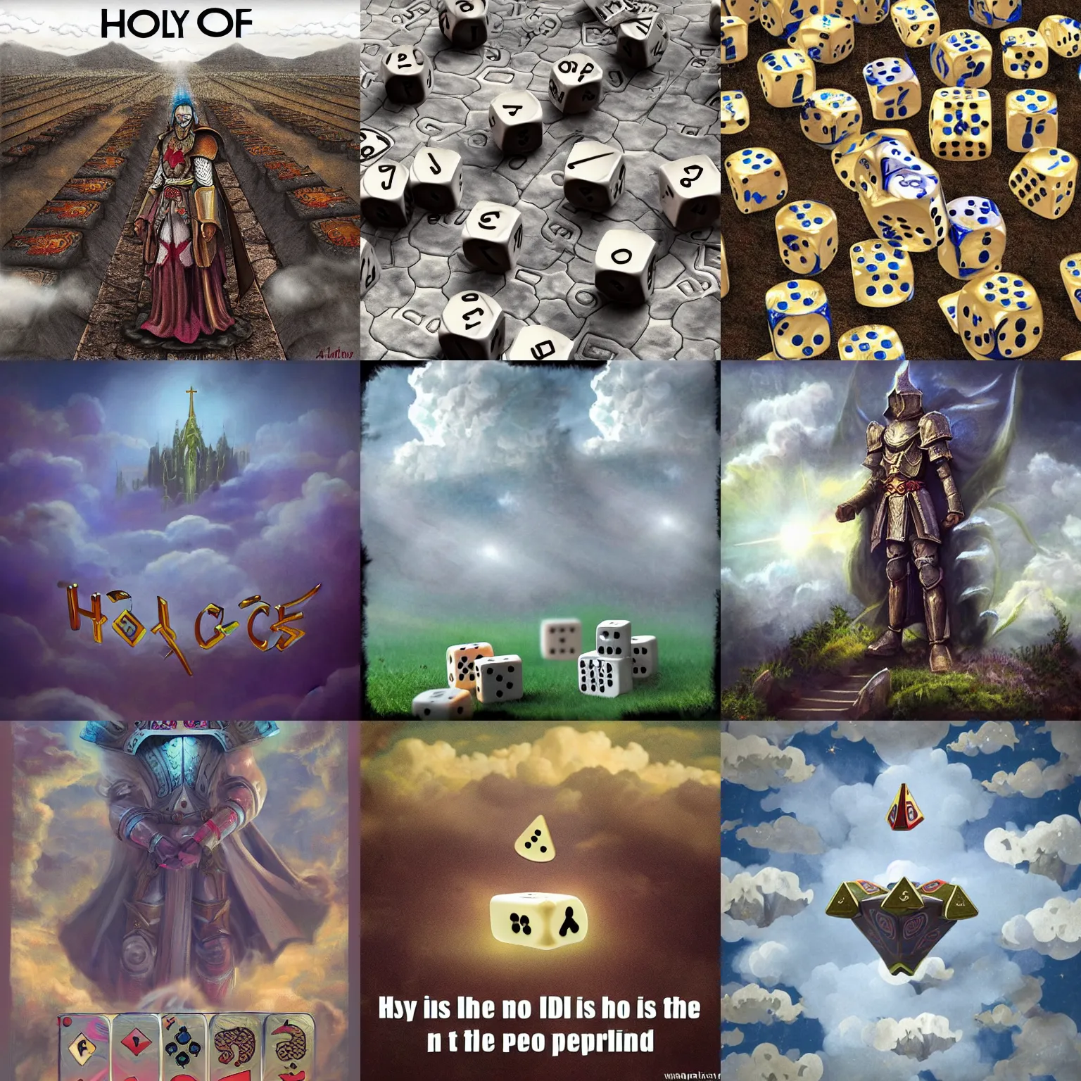 Prompt: holy dice in the clouds, on the ground are people in fantasy armor praying
