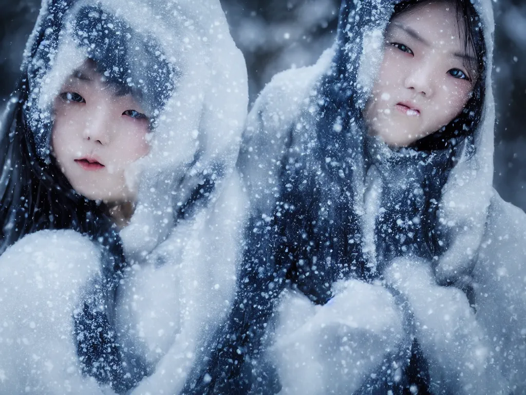 Prompt: the piercing stare of yuki onna, snowstorm, blizzard, mountain snow, canon eos r 6, bokeh, outline glow, asymmetric unnatural beauty, gentle smile, billowing cape, blue skin, centered, rule of thirds