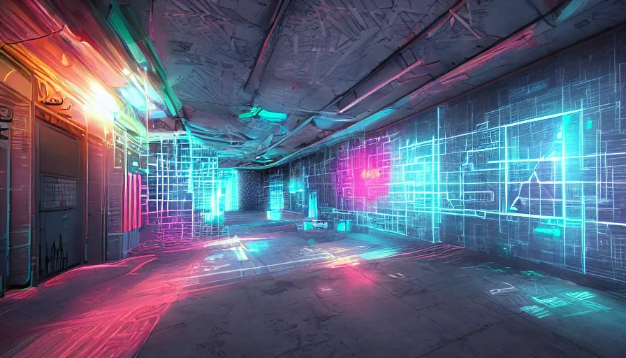 Prompt: computer circuits, android, wall of graffiti intricate volumetric octane render 3 d street art depicting dark monochrome neon fluorescent color abstract geometry in the style of wlop, mirrors edge, odeith