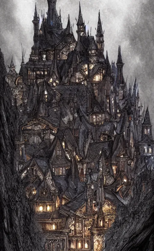 Image similar to Castle, gothic , by Ayami Kojima, studio ghibli, cinematic lighting, intricate, highly detailed, digital painting, trending on artstation, Illustration, epic scale