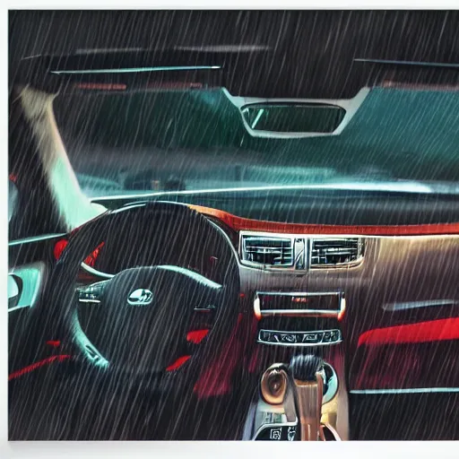 Prompt: the interior of a car at night time as its raining, digital art