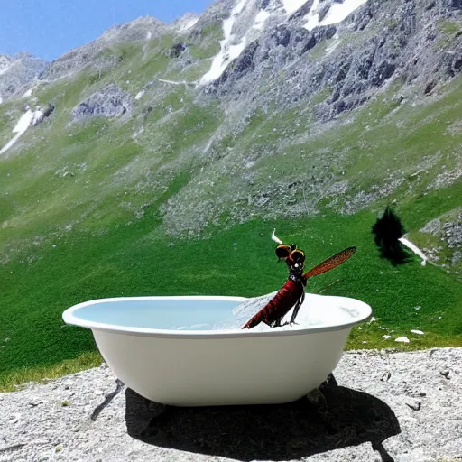 Image similar to dragonfly in a bathtub in the alps, big goat in the background