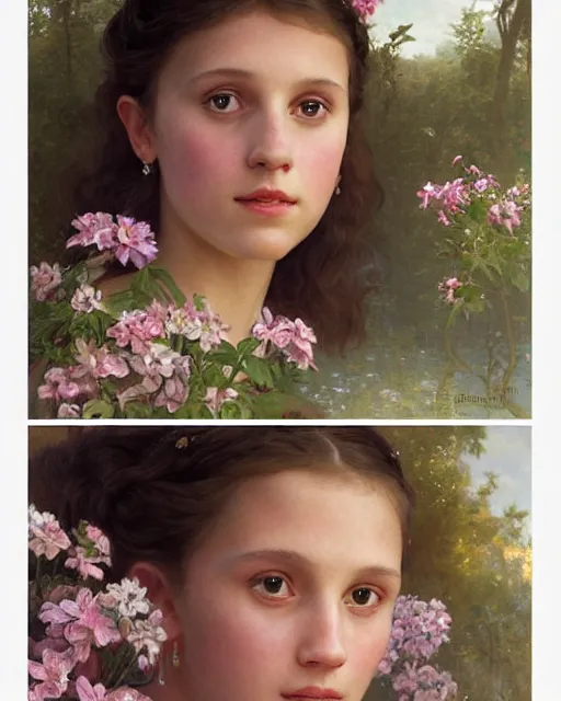 Image similar to a portrait painting of a shy, blushing 1 6 - year old alicia vikander or millie bobby brown as a princess in her flower garden with lanterns, intricate, elegant, highly detailed, artstation, concept art, by krenz cushart and donato giancola and william adolph bouguereau and alphonse mucha