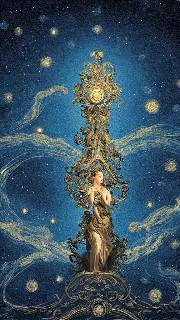 Image similar to sky in a starry night with glowing meteor showers, ascension of a woman decomposing and dissolving into moon, dark - blue black gold beige saturated, ornate baroque rococo art nouveau intricate detail, 3 d specular lighting, cinematic, blur