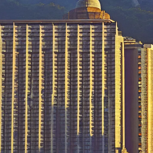 Image similar to a super high - rise hindu temple, panning shot, dusk, by corbusier