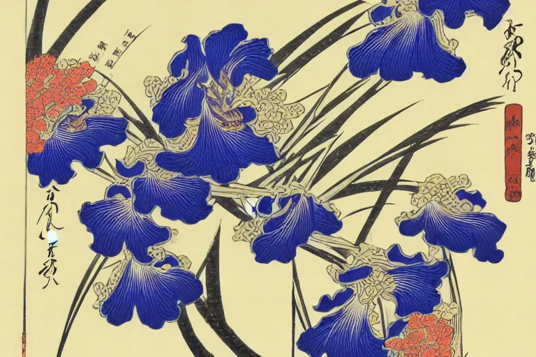 Image similar to a beautiful and hyperdetailed ukiyo - e drawing of tangled irises'leaves and flowers by katsushika hokusai, in style by utagawa kuniyoshi and utagawa hiroshige, japanese print art, intricate composition, elegant, complex!!, illustration, clean 4 k