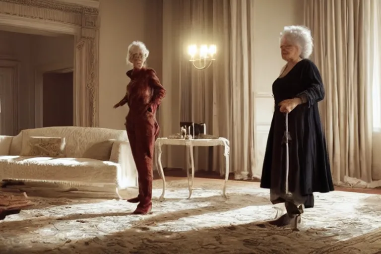 Prompt: VFX movie portrait of happy old woman stand-off with futuristic robot in a decadent living room by Emmanuel Lubezki