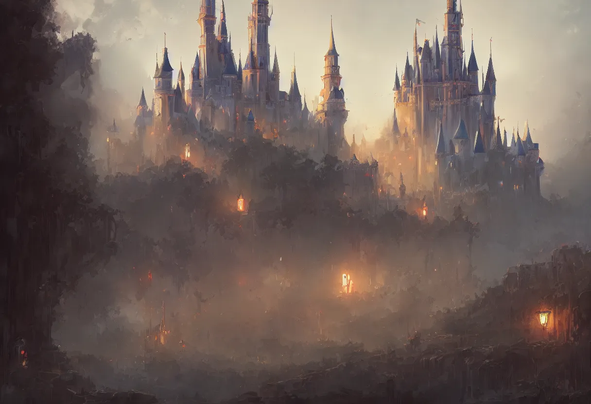 Prompt: a painting of disney castel trending on artstation in the style of greg rutkowski