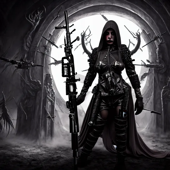 Image similar to apocalyptic woman in hood standing in hall of weaponry, hyper - detailed, smooth, sharp focus, 4 k ultra hd, fantasy dark art