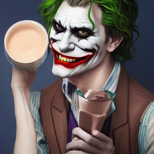 Image similar to Joker drinking a chocolate milkshake, hyperdetailed, artstation, cgsociety, 8k
