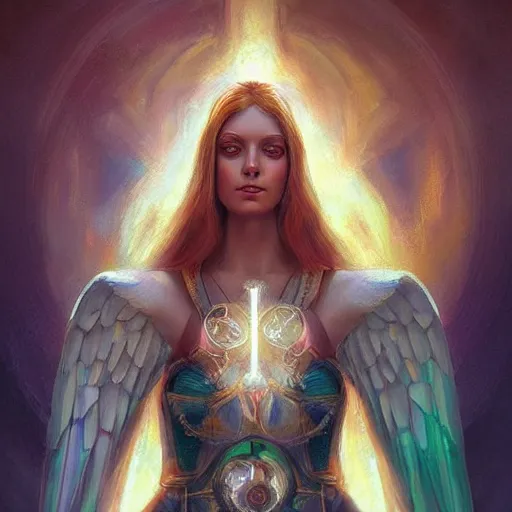 Prompt: portrait of a seraphim angel from a neo solar punk future future metaverse cyborg tech techno angelic warrior by Mandy Jurgens, cartoon, oil painting , visionary art, symmetric, Heavenly symbols, holy halo, astral patterns, sci-fi