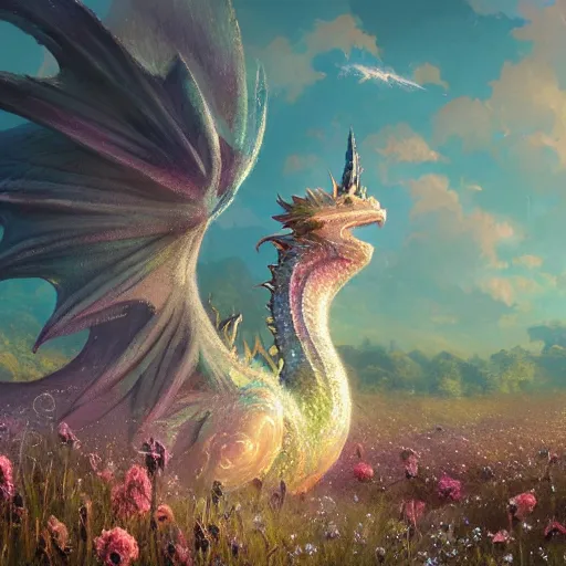 Prompt: beautiful digital fantasy illustration of a closeup adorable giant fluffy feathered sparkling pearlescent pastel dragon sitting alone in a flower meadow, concept art by greg rutkowski, anato finnstark, and rebecca guay, highly detailed, soft lighting,Anton faadev, rendered in octane