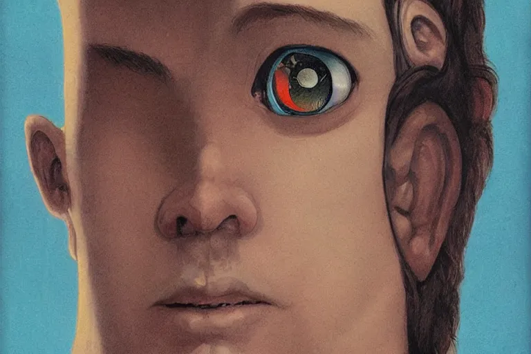 Image similar to man face, large round eyes, concept art, fantasy illustration, by tran nguyen and wylie beckert