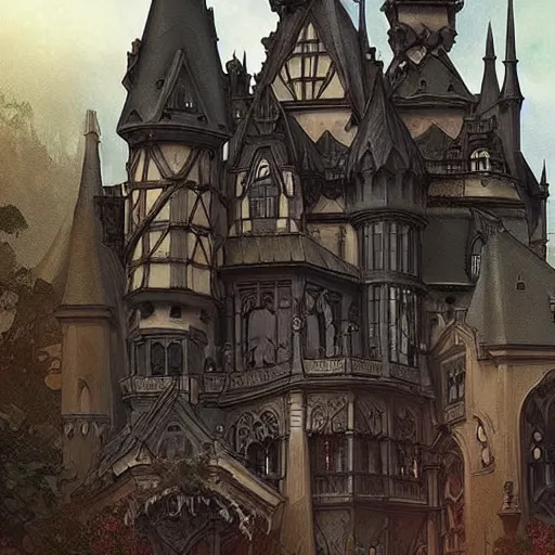 Prompt: a fantasy goth castle on hill, digital art, photorealistic, dark, smooth, sharp focus, artgerm, alphonse mucha