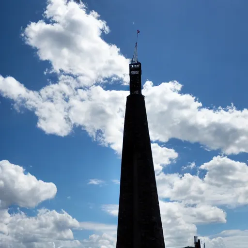 Prompt: black tower reaching to the skies, with the sun and clouds in front of the tower. foreground is beach and sea