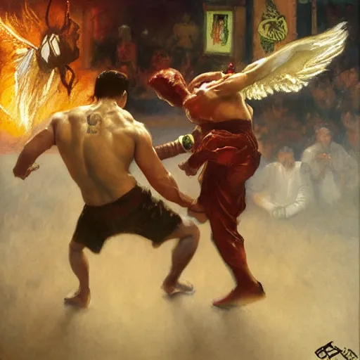 Prompt: a beautiful painting the grim reaper fist - fighting satan in a boxing ring, rendered art, highly detailed painting by gaston bussiere, craig mullins, j. c. leyendecker 8 k, trending on artstation, art, fighting, watercolor