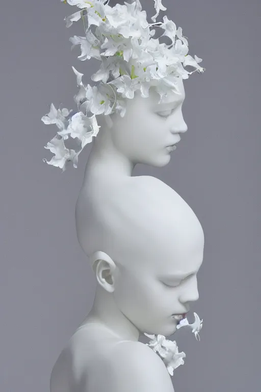 Image similar to full head and shoulders, beautiful female porcelain sculpture by daniel arsham and james jean, smooth, all white features on a white background, delicate facial features, white eyes, white lashes, detailed tangled white lillies and lillie leaves on the head, volumetric lighting