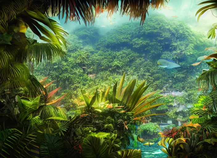 Image similar to overgrown tropical foliage overtaking japanese favela, underwater environment, borealis, scenery, professional, award - winning, trending on artstation, hyper detailed, realistic, beautiful, emotional, shiny, golden, picture