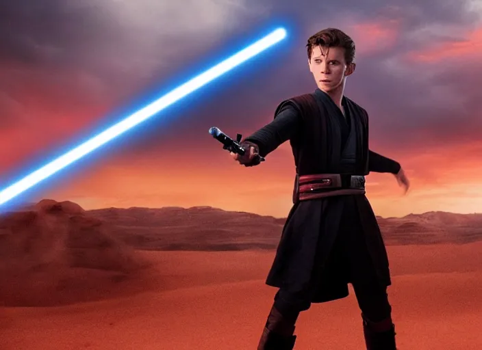 Image similar to tom holland plays anakin skywalker in the live action remake of star wars revenge of the sith, 3 5 mm photography, highly detailed, cinematic lighting, standing pose, holding lightsaber 4 k