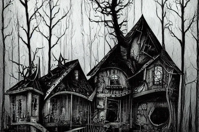 Image similar to mad horror painting of a futuristic alien witch house in the woods by ben templesmith