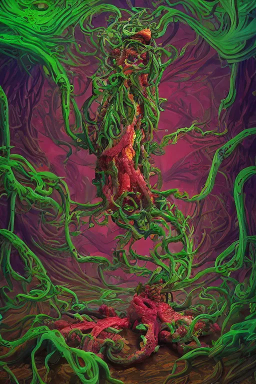 Prompt: creature sushi roots cactus elemental flush of force nature micro world fluo deepdream gloomhaven, matte painting rpg skill concept art, art nouveau, swirly vibrant color lines, fantastically gaudy, aesthetic octane render, 8 k hd resolution, by ilya kuvshinov and cushart krentz and gilleard james
