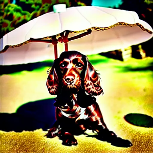 Image similar to cute brown spaniel by the seaside, parasols, bright towels, Coco Dávez style