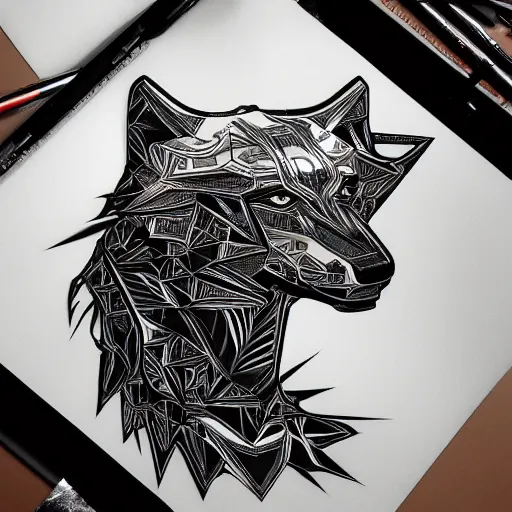 Image similar to chrome wolf, glossy, metallic, neon, symmetrical, tribal patterns, realistic, unreal engine, octane, redshift, artstation, behance, tattoo, art by joshy sly, sandra pelser