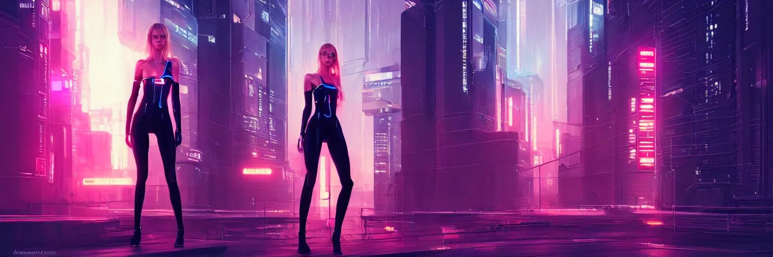 Image similar to portrait of a single scandinavian female humanoid in a cyberpunk cityscape, half body cropping, elegant glamor pose, accurate anatomy, cyber neon lighting, bokeh, rule of thirds, hyper photorealistic, crispy quality, digital photography, art by pascal blanche, art by artgerm, art by greg rutkowski,