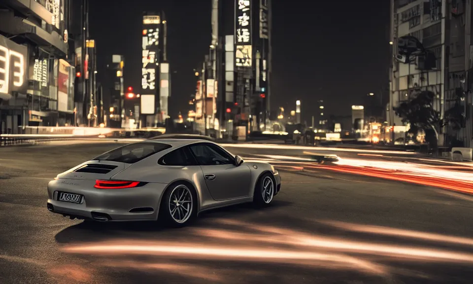 Image similar to photo of a porsche 911 at night drifting through a city, octane render, cinematic, 4k, long exposure photography, tokyo drift, fast and furious, film still, night photography, motion blur, lens flare, movie shot, light trail, distortion, wide angle