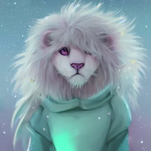 Image similar to aesthetic portrait commission of a albino male furry anthro lion under a lavender bubble filled while wearing a cute mint colored cozy soft pastel winter outfit with pearls on it, winter atmosphere. character design by charlie bowater, ross tran, artgerm, and makoto shinkai, detailed, inked, western comic book art, 2 0 2 0 award winning painting