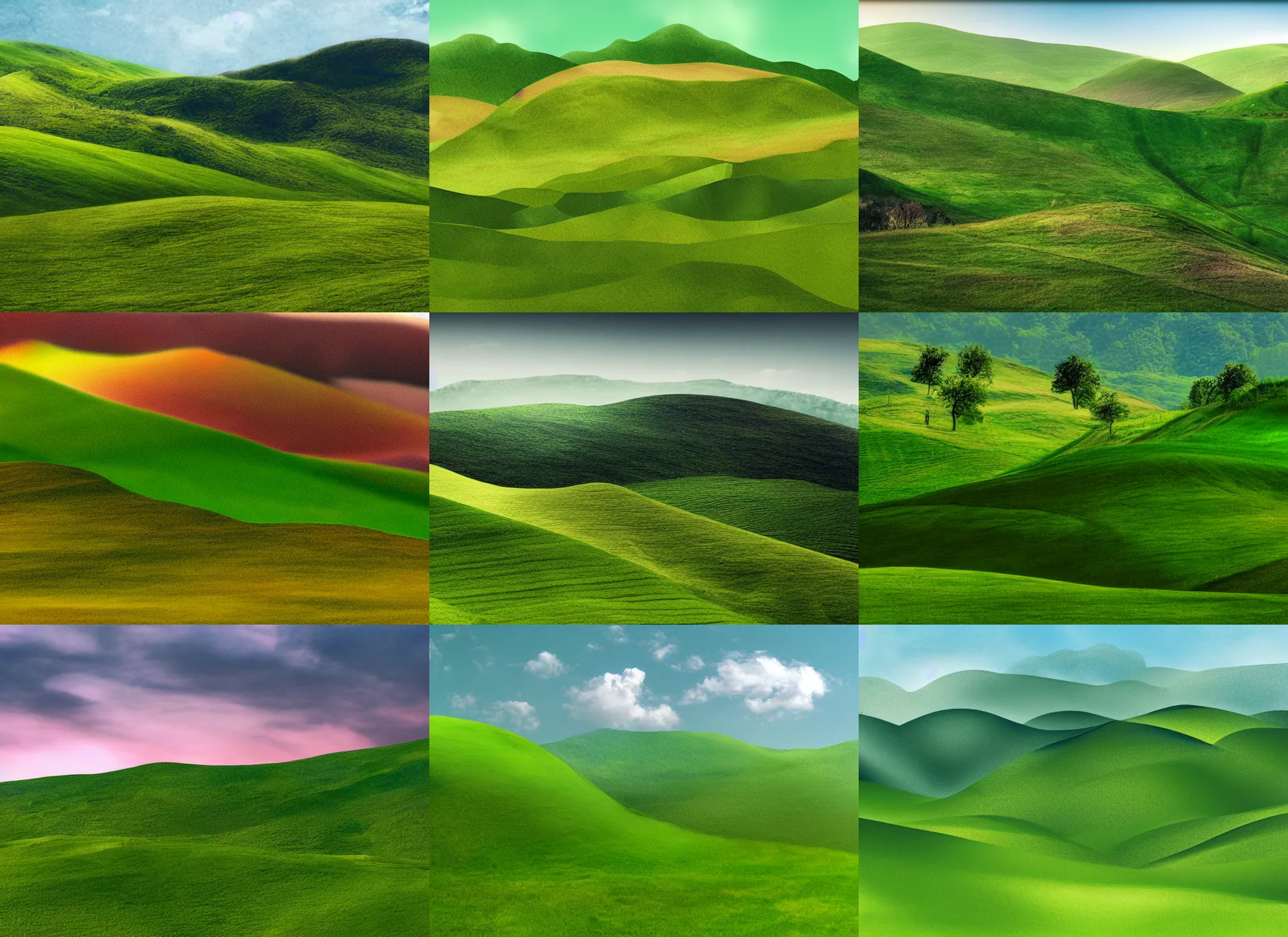 Prompt: a hilly landscape made in photoshop with green layers, layered, green, landscape