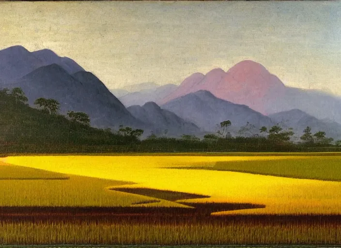 Image similar to painting of a rice paddy with two big mountains in the background, ( a wide asphalt road )!!!! divides paddy field in the middle composition, big yellow sun rising between 2 mountains, oil painting by old master masterpiece