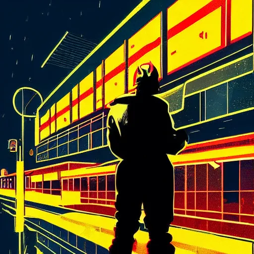 Image similar to rocket standing on a street in the middle of a cyberpunk city, neon signs, beige background, minimalism, clouds, night time, dramatic lighting flat design, flat colors, in the style of a soviet propaganda poster