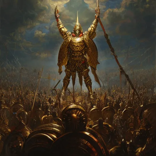 Image similar to artstation concept of a god in armor standing in a crowd gettig cheered, man with arms wide open, bright colorful, gold, hyperdetailed, artstation trending, world renowned artists, worth 1 0 0 0. com, historic artworks society, antique renewel, cgsociety, by greg rutkowski, by gustave dore, deviantart