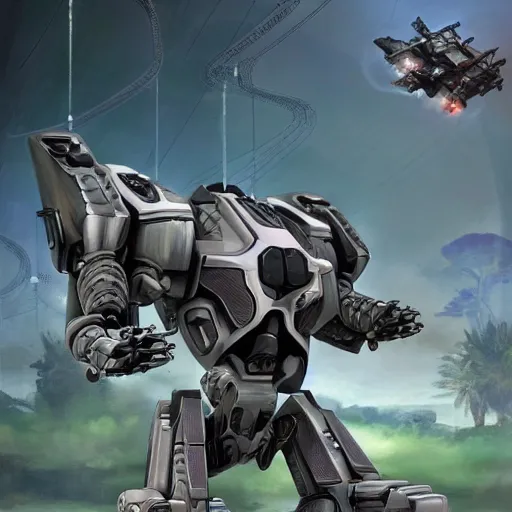 Image similar to futuristic robots war commander ask for air support, in a jungle jeszika le vye heraldo ortega 8 k