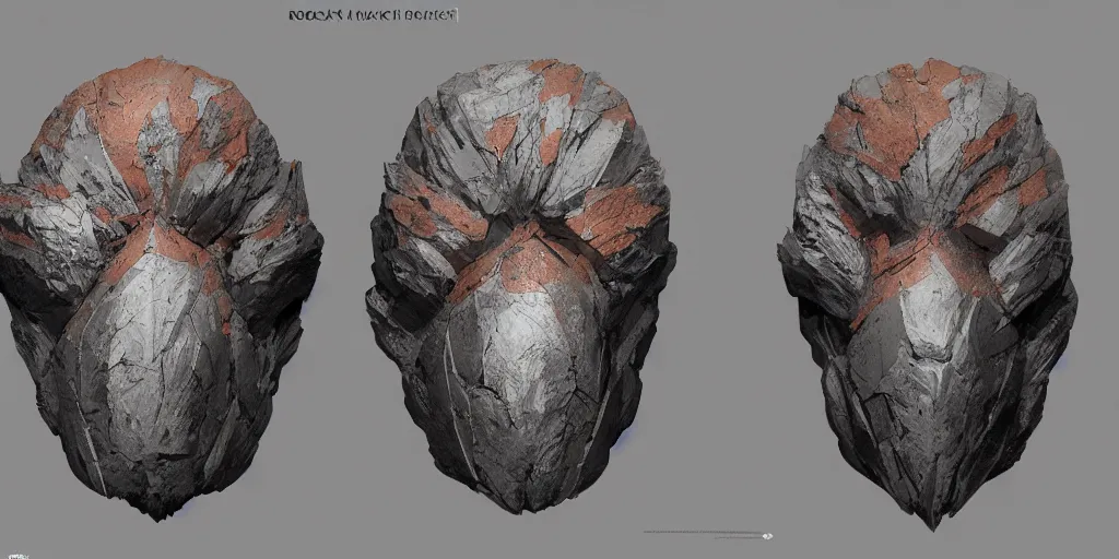 Image similar to rock mask design, character sheet, Moebius, Greg Rutkowski, Zabrocki, Karlkka, Jayison Devadas, Phuoc Quan, trending on Artstation, 8K, ultra wide angle, zenith view, pincushion lens effect.