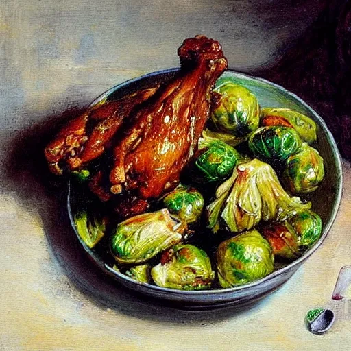 Prompt: a painting of chicken wings, rice and brussel sprouts by repin.