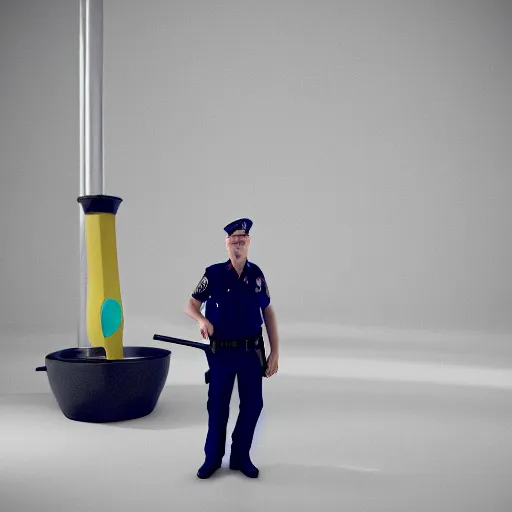 Image similar to a police officer with a plunger, giant toilet in background, giatn toilet, 8 k, cineamtic render by beeple, octane render, photorealistic