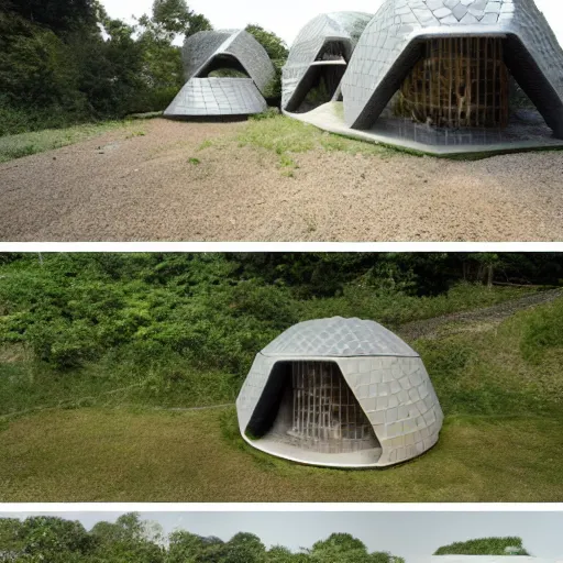Prompt: geodesic house integrated with the ground by architect studio buckminster fuller shoji sadao