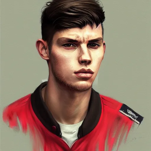 Image similar to Portrait of a man by Greg Rutkowski, he is about 20 years old, gallant, straight jaw, attractive, short brown hair with bangs, athletic and strong, he is wearing red and black utilitarian jumpsuit, highly detailed portrait, digital painting, artstation, concept art, smooth, sharp foccus ilustration, Artstation HQ.