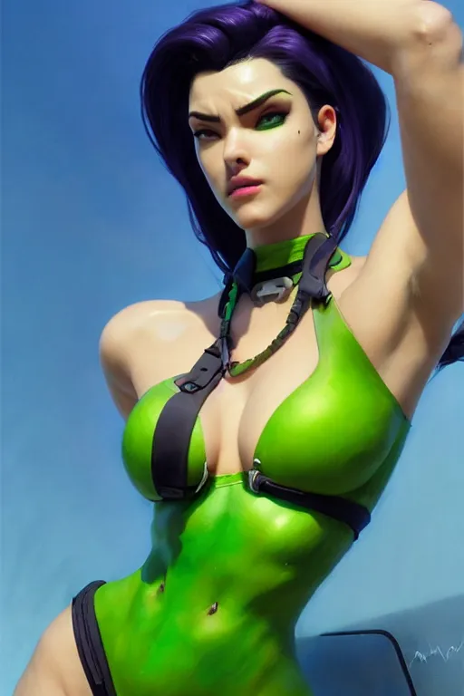 Image similar to painting of widowmaker from overwatch, closed swimsuit, green blue skin color, ultra realistic, sharp details, subsurface scattering, intricate details, warm lighting, beautiful features, highly detailed, photorealistic, octane render, 8 k, unreal engine, art by artgerm and greg rutkowski and alphonse mucha
