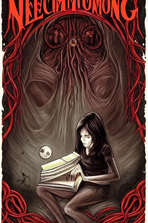 Image similar to stephen king illustration of romantic girl, her cat and her book of necronomicon, symmetrical, cinematic, sharp focus, 4 k, ultra hd, sense of awe, sinister demonic atmosphere, dreadful, forbidden knowledge, old gods, cthulhu, yog - sothoth! yah, yah, yah! cultist journal cover