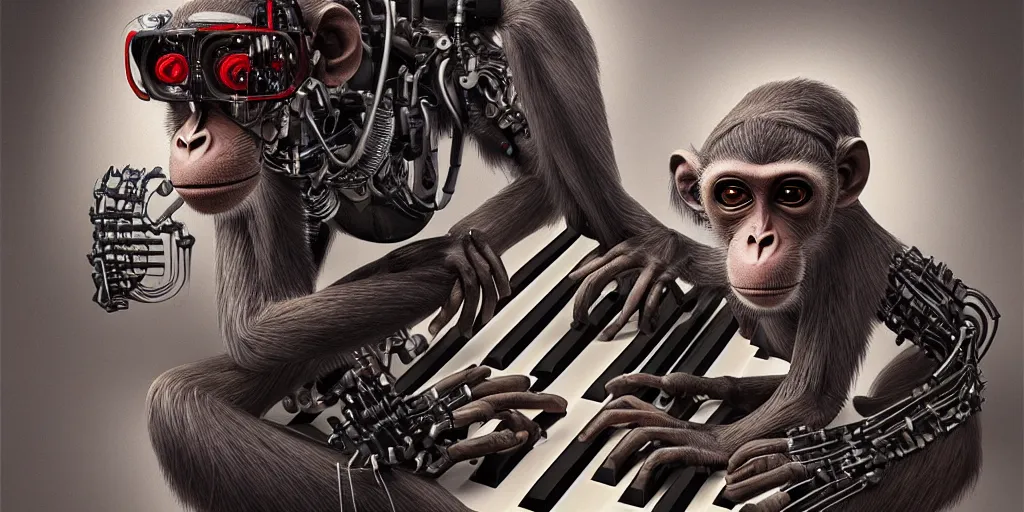 Image similar to portrait of a cyborg monkey who plays piano, biomechanical, hyper detailed, trending on artstation