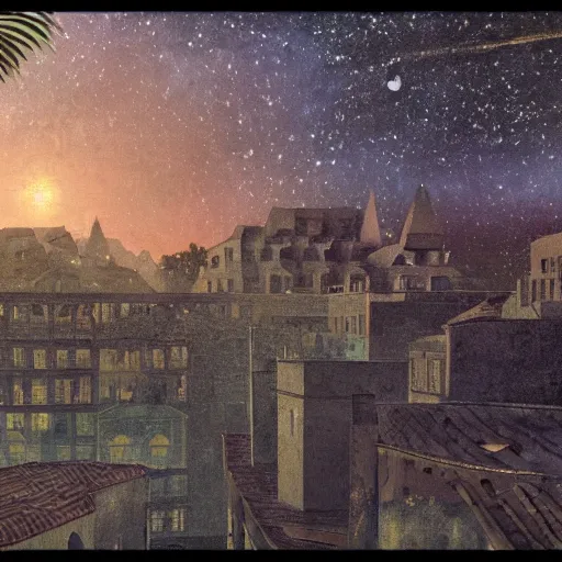 Image similar to hd photo of a fresco!! on a building, with dragon and ( falling stars ), dark faded colors, in style of henri rousseau, denoise, deblur, unreal engine, photorealism