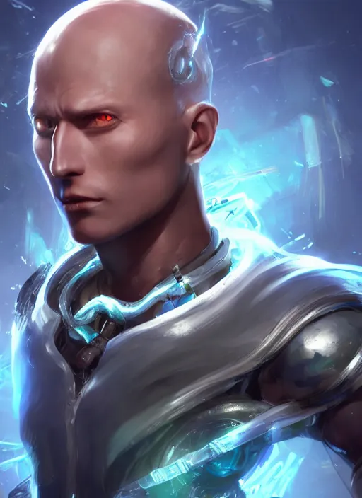 Image similar to biopunk portrait of saitama as a champion from league of legends, au naturel, hyper detailed, digital art, trending in artstation, cinematic lighting, studio quality, smooth render, unreal engine 5 rendered, octane rendered, art style by pixar dreamworks warner bros disney riot games and arcane.