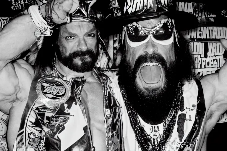 Image similar to macho man randy savage iwgp heavyweight champion at a birthday party at chuck e cheese, mid 9 0 s, gritty, ethereal details, cinematic lighting, hyper - detailed, maximalist, artstation, 8 k