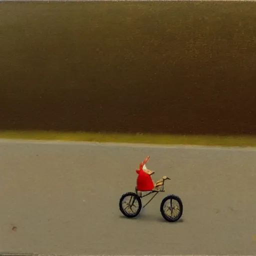 Image similar to rabbit riding a bike on the road, there is a car in front, by michael sowa.