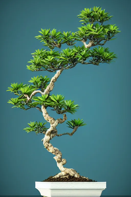 Prompt: a single flower, white and aqua blue bonsai lily, cool color palette, etheral, intricate details, elegance, sophisticated, cool color palette, golden ratio, infini - d - render